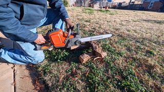 I started out by cutting through various pre-cut logs that I had in my wood pile and worked my way up to an old tree that had limbs that were over a foot in diameter.