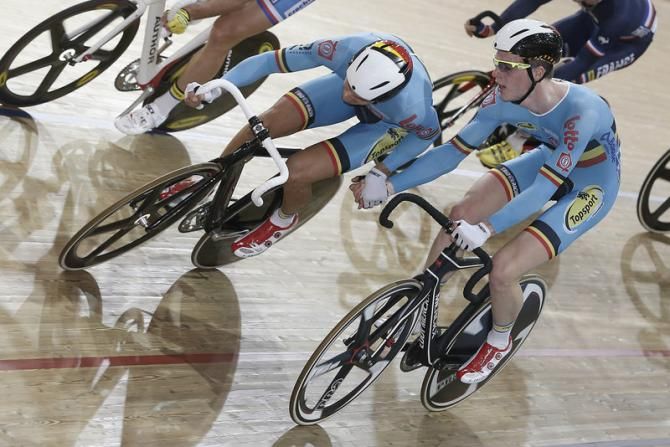Kenny De Ketele and Gijs Van Hoecke during the madison in Minsk where they were defending their 2012 title