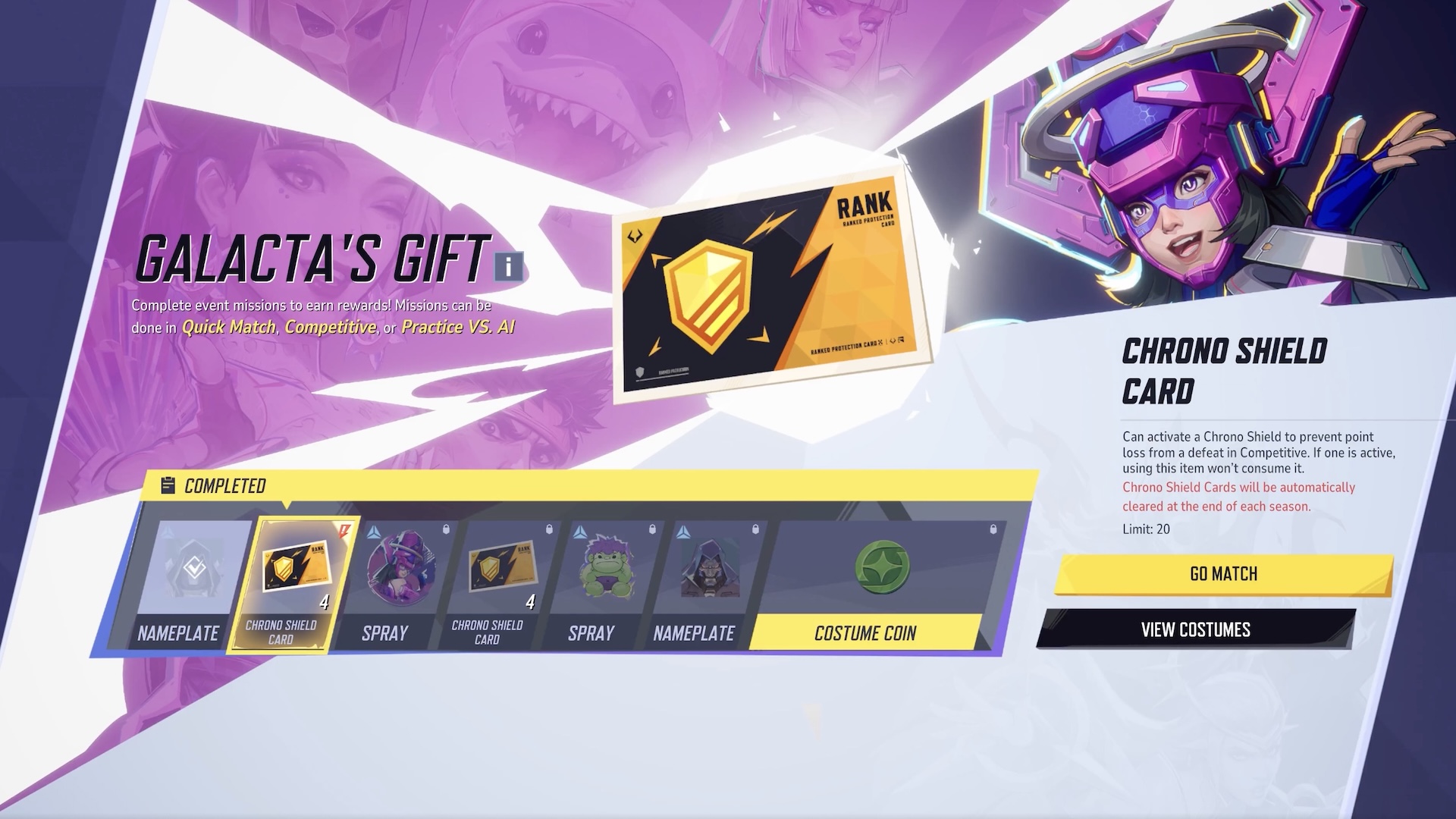The Galacta's Gift menu, highlighting Chrono Shield Cards