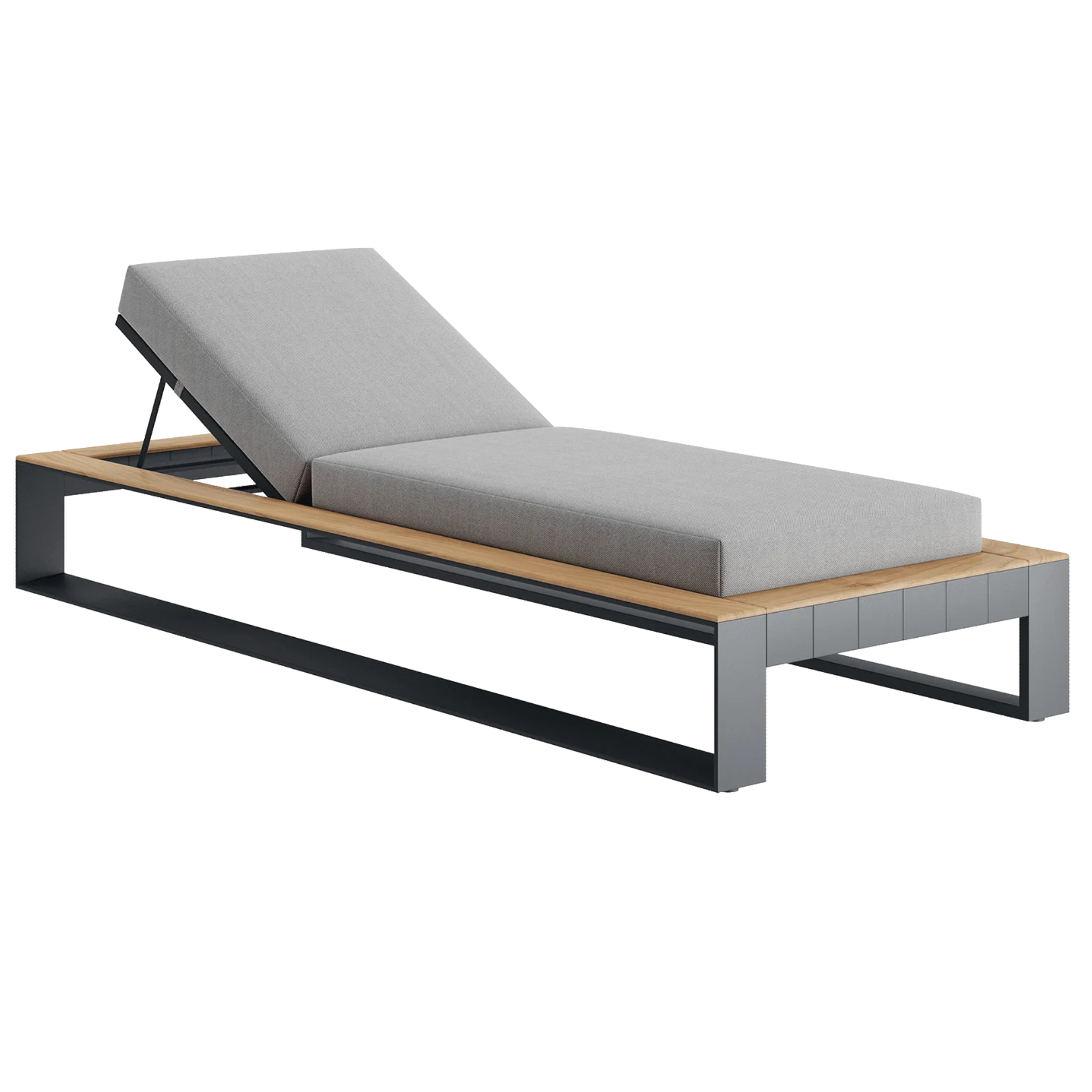 sun lounger with grey upholstery and aluminum frame