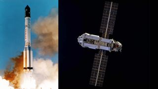 two images: on the left, a rocket launches. on the right, a cylindrical space station module in the blackness of space