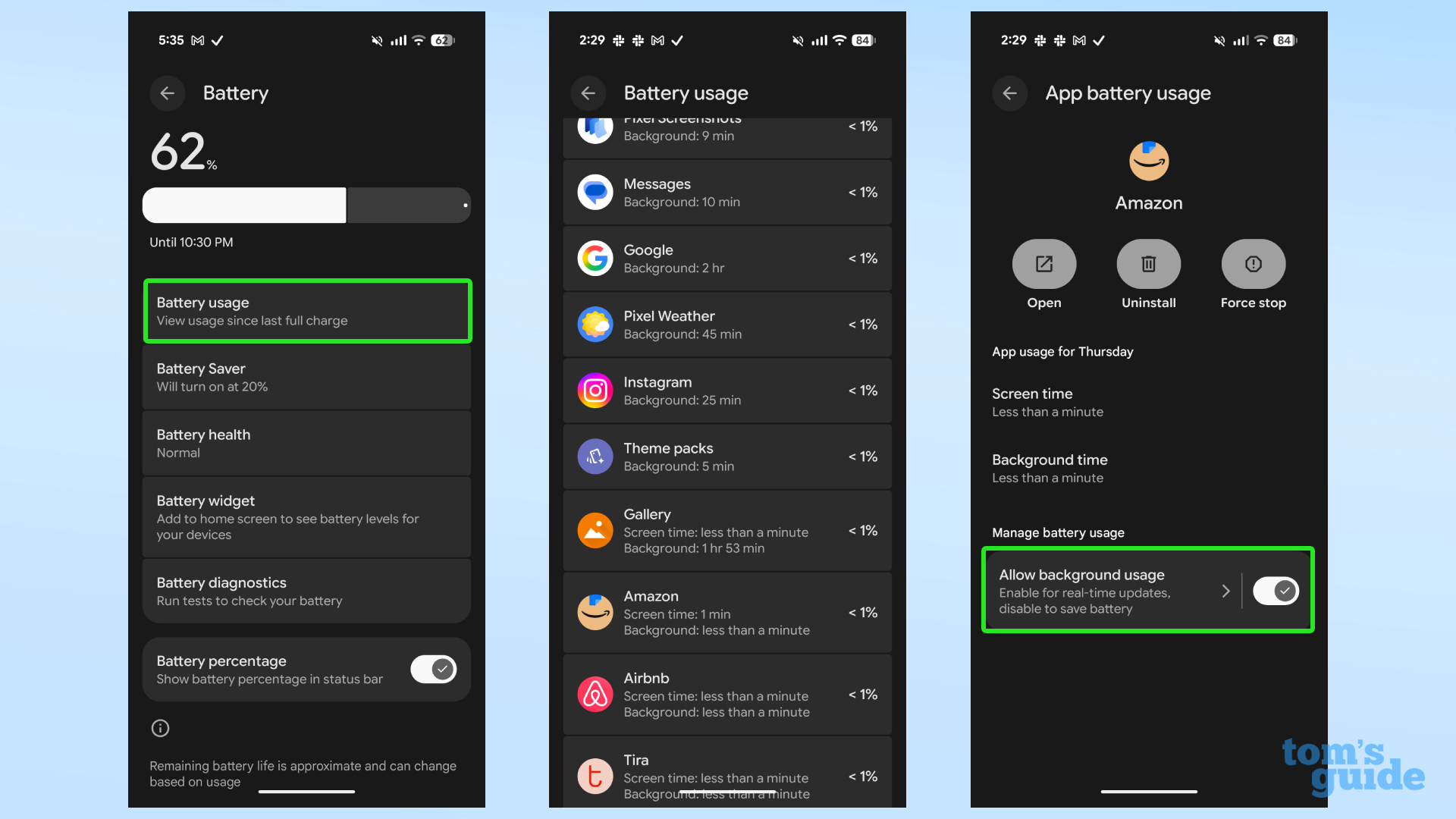 Screenshots showing how to disable background usage of a particular app on a Google Pixel