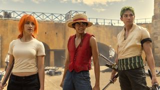 Luffy, Nami, and Zoro stand tall in Netflix's One Piece still