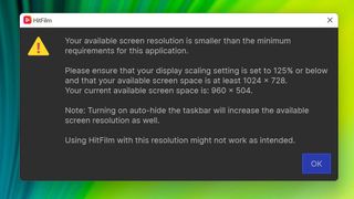 Text box warning of problem with display settings