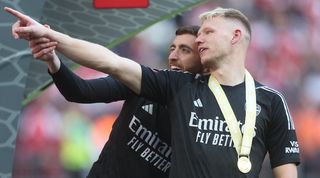 Aaron Ramsdale and Matt Turner after Arsenal's Community Shield win over Manchester City in August 2023.