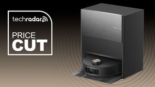Dreame Aqua10 Roller robot vacuum on a black and brown background with a TechRadar deal badge for price cut
