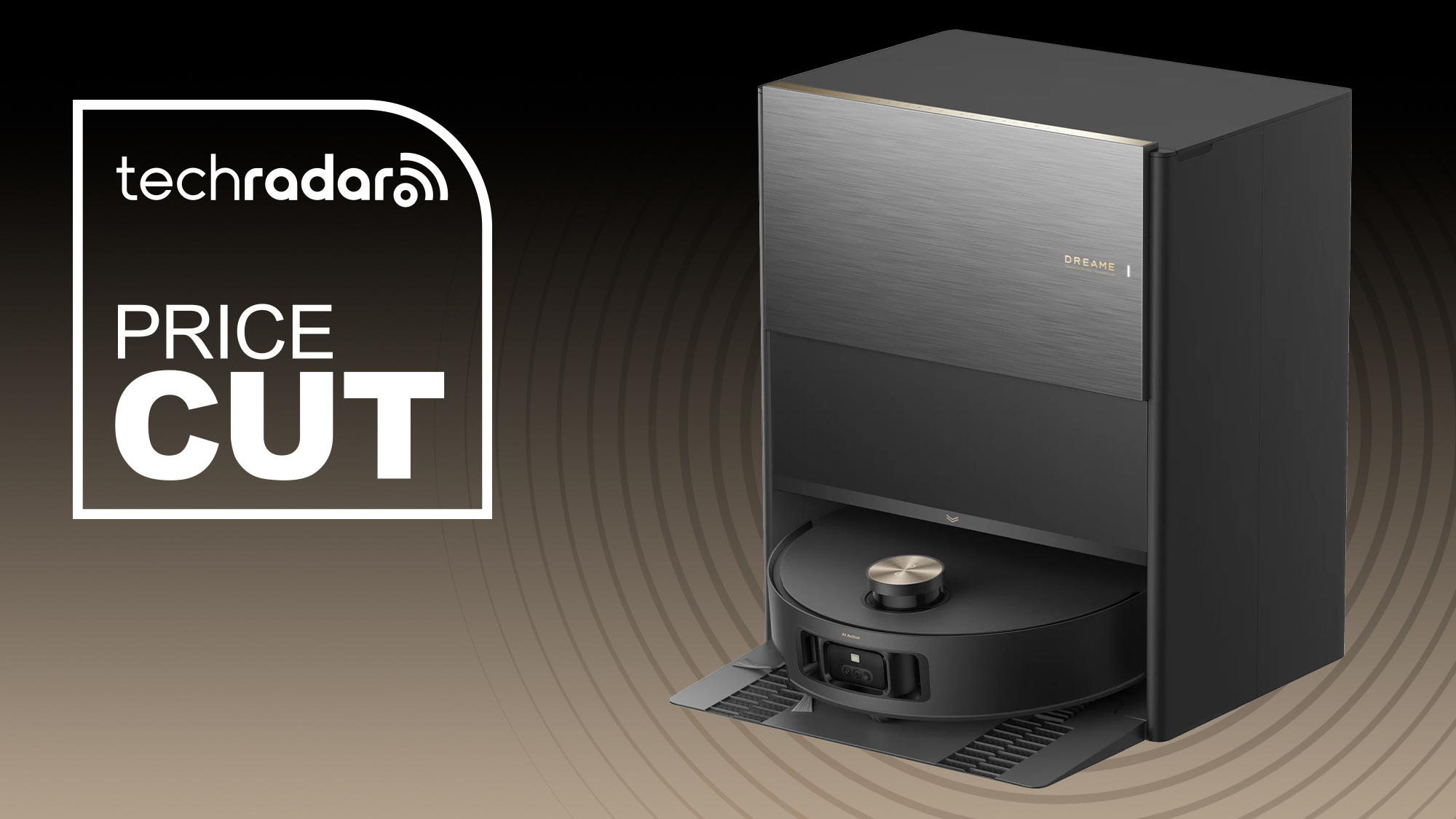 Dreame Aqua10 Roller robot vacuum on a black and brown background with a TechRadar deal badge for price cut