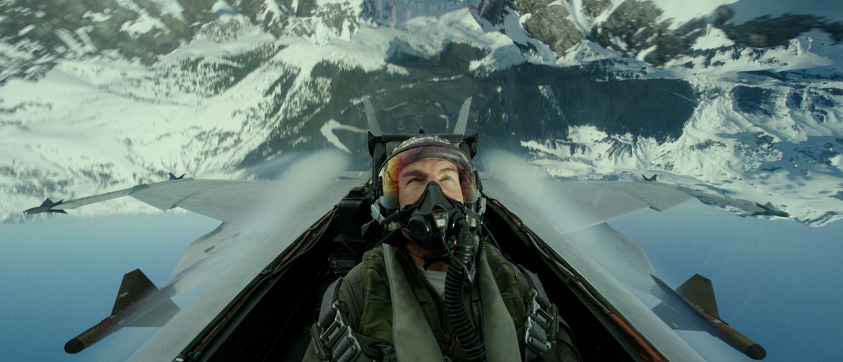 Tom Cruise in the cockpit of a fighter jet in Top Gun: Maverick