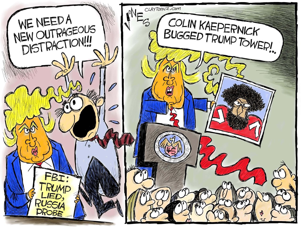 Political cartoon U.S. Trump scandal distractions Obama wiretap Colin Kaepernick Trump Tower