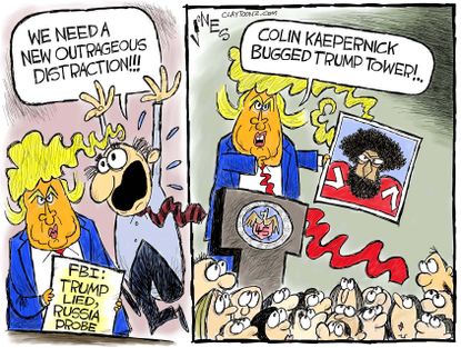 Political cartoon U.S. Trump scandal distractions Obama wiretap Colin Kaepernick Trump Tower