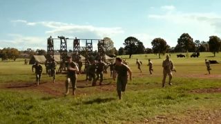 Military trainees running on an obstacle course in Hacksaw Ridge