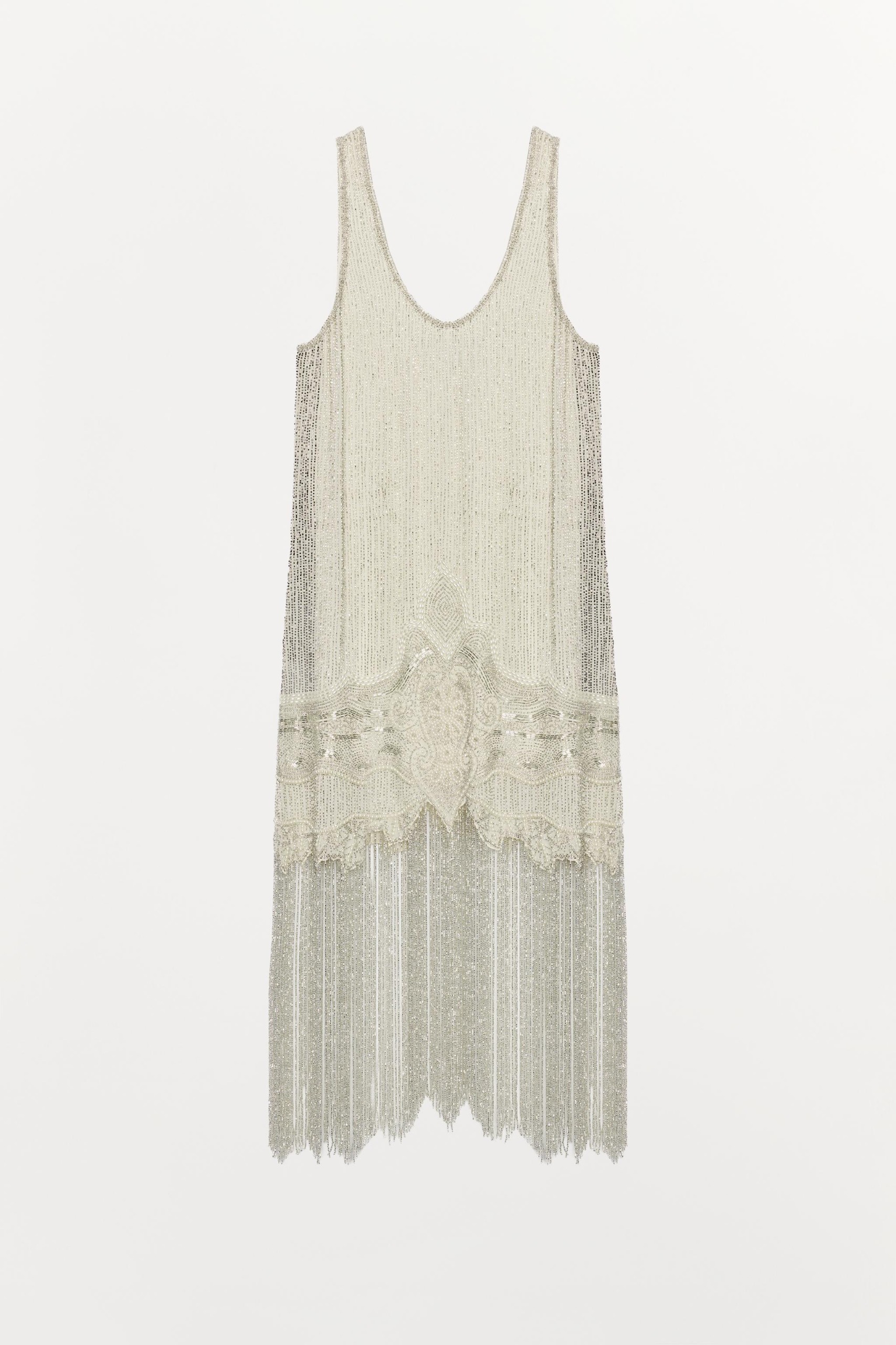 Zw Collection Limited Edition Beaded Fringe Strappy Dress - Pearl / Beige - Xs