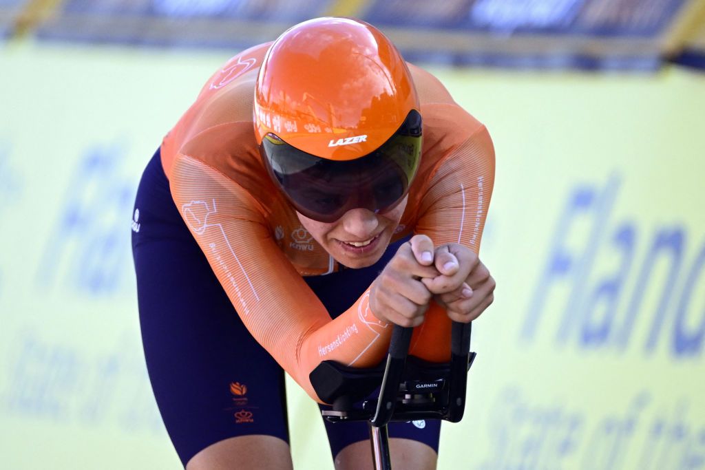 Netherland's Michiel Mouris cycles during the junior men's time trial at the UEC Road Cycling European Championships, in Hasselt, on September 11, 2024. (Photo by DIRK WAEM / Belga / AFP) / Belgium OUT