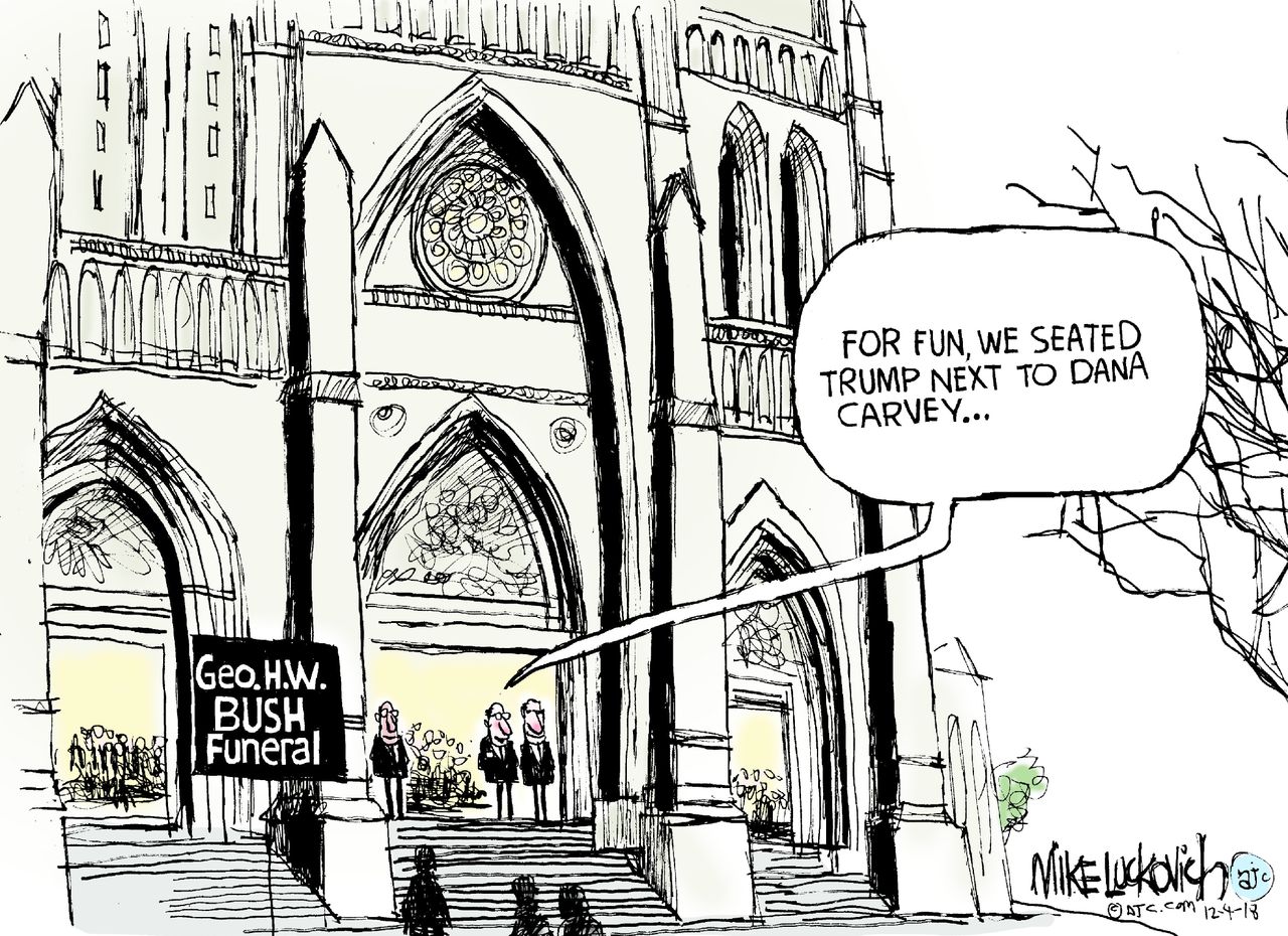 Political cartoon U.S. George H.W. Bush funeral Trump seating Dana Carvey