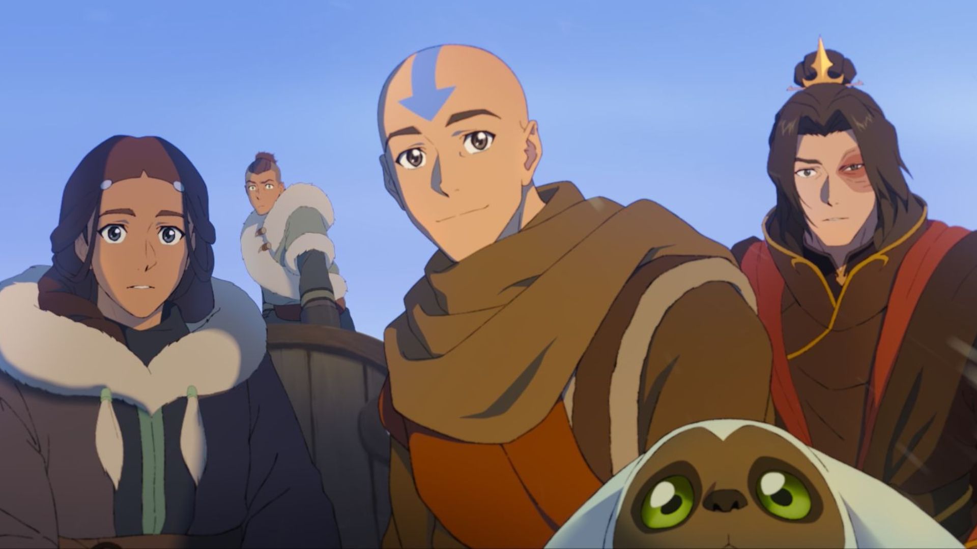 Aang, Katara, Sokka y Zuko miran algo fuera de cámara