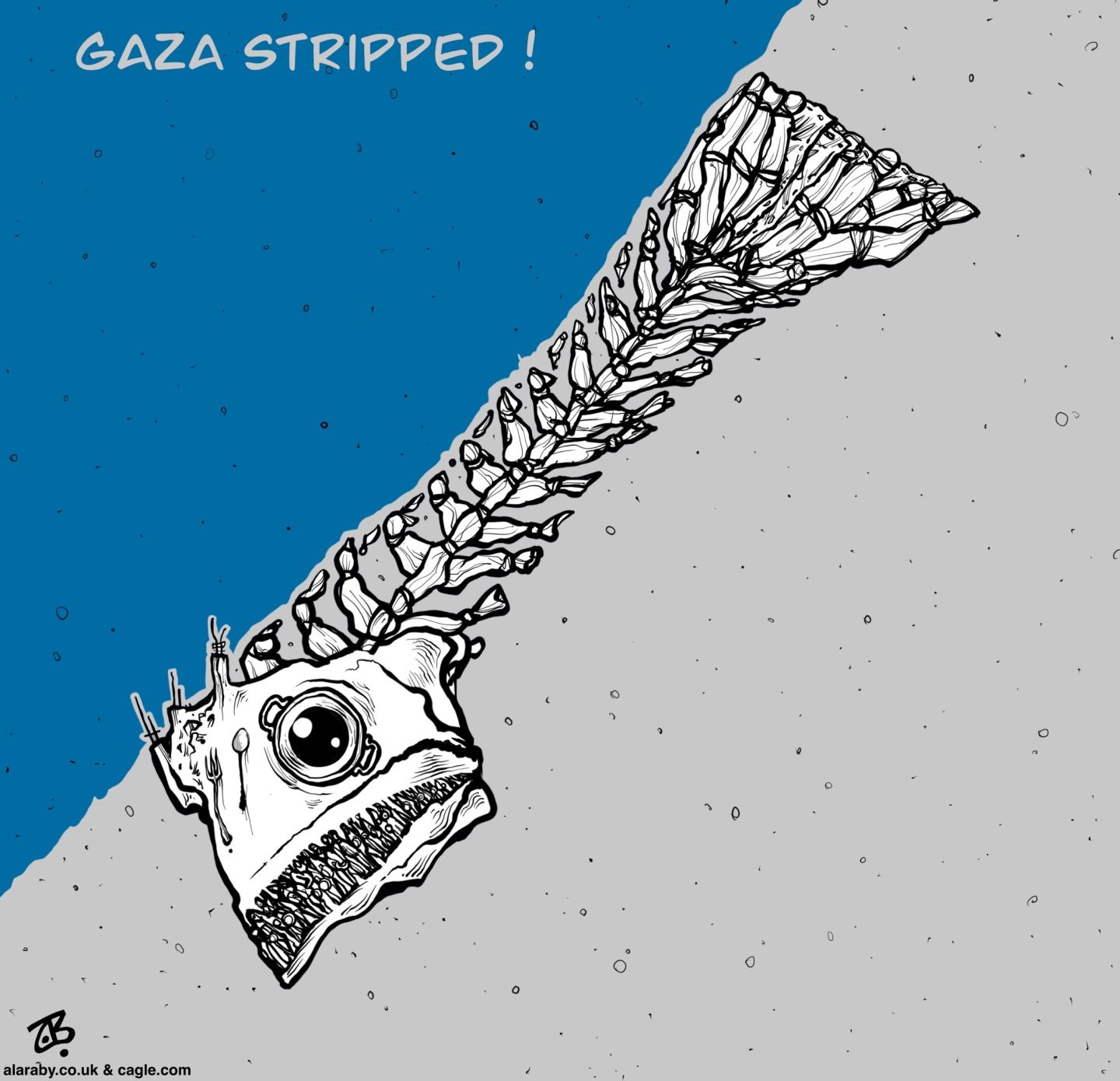 
                                This editorial cartoon is titled “GAZA STRIPPED!” It’s drawn like a map of the Gaza Strip, but the strip is shown as the skeleton of a dead fish.
                            