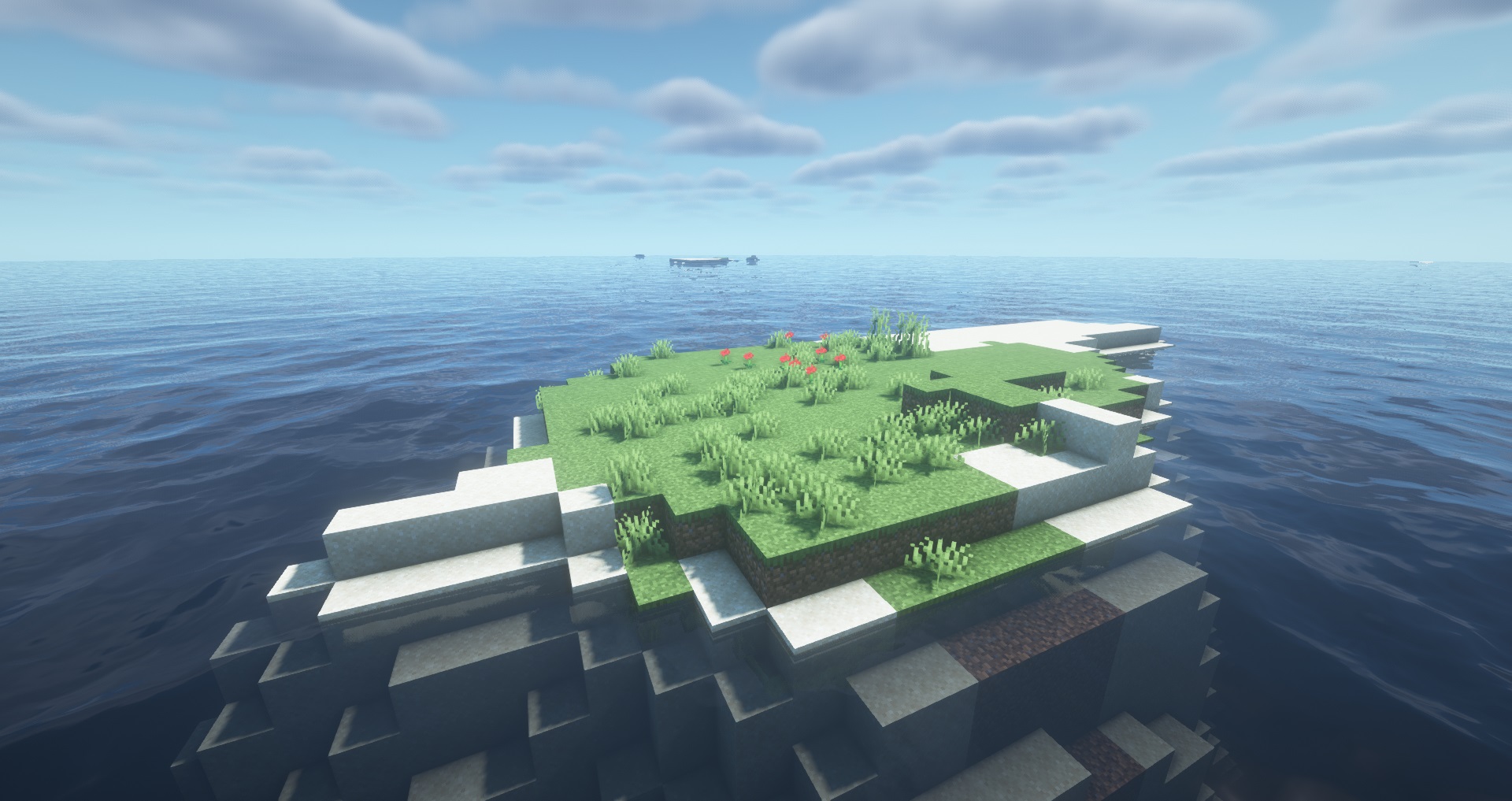 Minecraft seeds - Minimalist survival island - A very tiny island with only grass, dirt, and sand blocks, surrounded by ocean nearly as far as the eye can see.