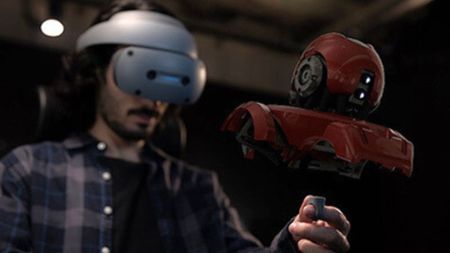 Sony's XR headset, showing the tracking ring controller being used to edit 3D content