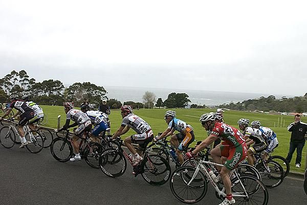 Riders on the top-end of the 1.3 kilometre curcuit around Burnie's Marist College during stage three.