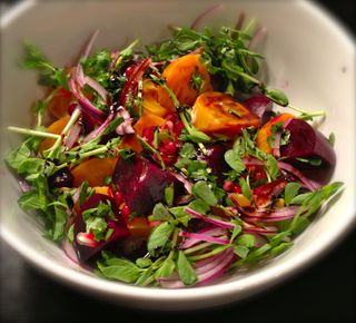 Beet salad with greek yoghurt and pomegranate made by Darren McGrady