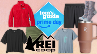 a peach background image with the REI logo and tom's guide prime day badge with adidas shorts, columbia fleece, hydroflask, cotopaxi t shirt, buff, rei t shirt, stance socks
