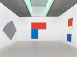 From left: Three Gray Panels (detail), 1987 oil on canvas, three panels 114 x 412 inches (290 x 1046 cm) Private Collection, Courtesy Matthew Marks Gallery Chatham V: Red Blue, 1971 oil on canvas, two joined panels 108   x 99   inches (275 x 252 cm) Glenstone Red White Blue, 1968 oil on canvas 101 x 45 inches (257 x 114 cm) Private Collection