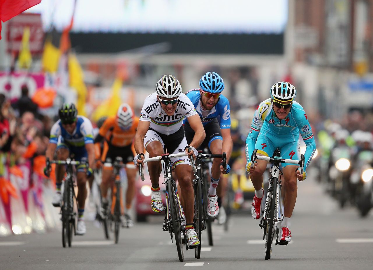 World Road Race Champion Philippe Gilbert sprints for the finishline during the 99th Liege-Bastogne-Liege road race on April 21, 2013