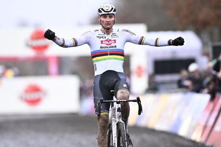 Dutch Mathieu Van Der Poel celebrates as he crosses the finish line to win the men's elite race of the World Cup cyclocross cycling event in Gavere on Thursday 26 December 2024, stage 7 (out of 12) of the UCI World Cup competition.
BELGA PHOTO JASPER JACOBS (Photo by JASPER JACOBS / BELGA MAG / Belga via AFP)