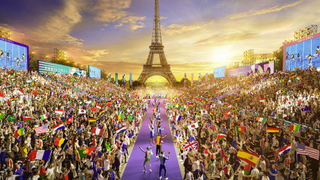 Spectacular graphic of Olympic athletes parade in front of the Eiffel Tower at sunset for how to watch Olympics 2024, the Summer Games in Paris, France