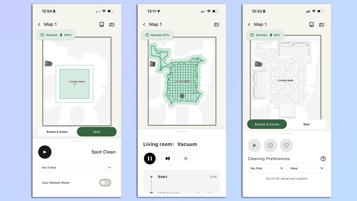 Screenshots from the Roomba app for the Roomba Max 775 Combo