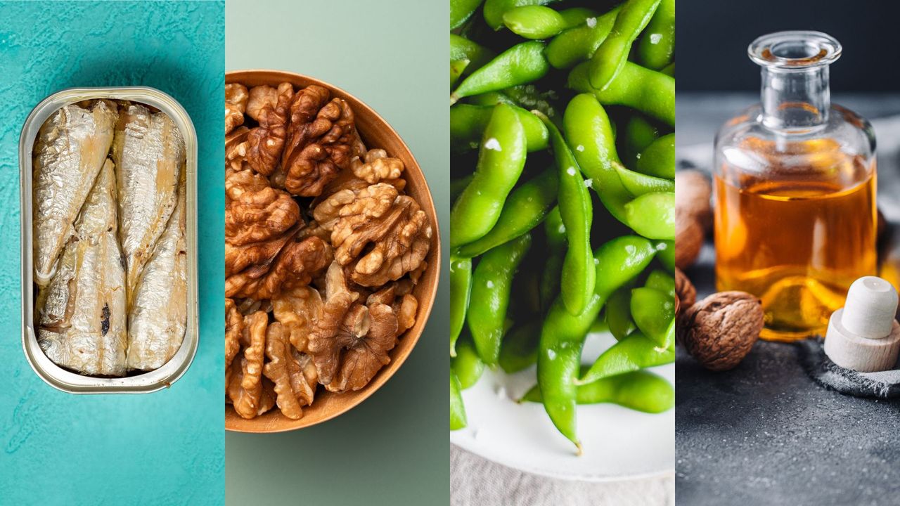 a collection of omega-3 rich foods, including mackerel in can, walnut halves, edamame beans, and walnut oil in glass jar