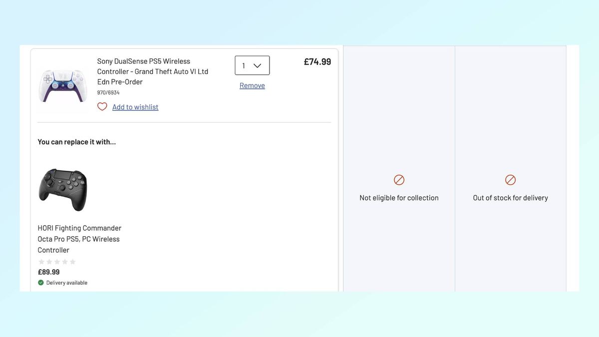 Argos checkout showing the GTA 6 DualSense sold out