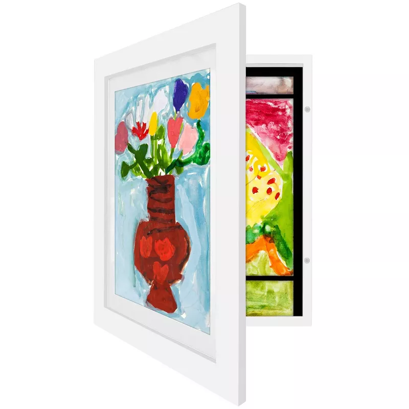 Americanflat Kids Art Frame 10x12.5 Inches With 8.5x11 Inches Mat - Composite Wood and Glass - Holds 100 Artworks - White