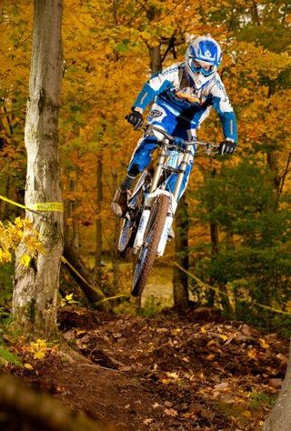 A racer at the Gravity East Series in the Plattekill Bike Park in Roxbury, New York
