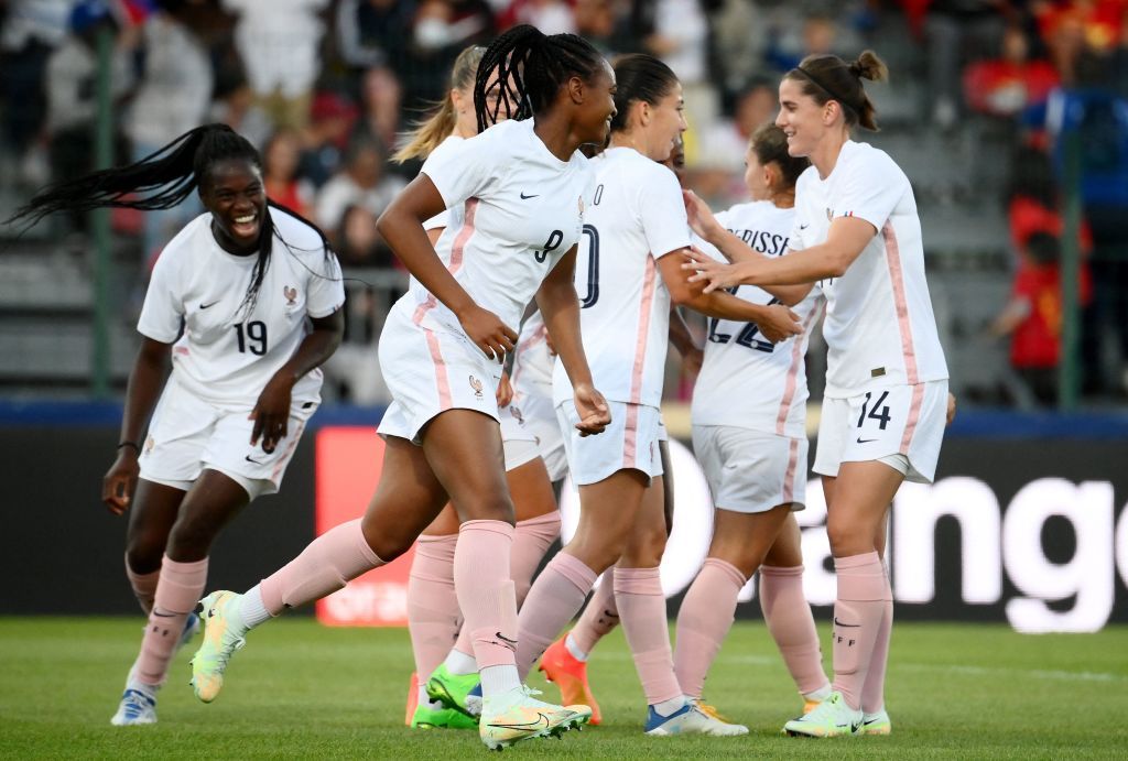 France&#039;s forward Marie-Antoinette Katoto (C) celebrates a goal during a friendly football match between France and Vietnam at the Source Stadium in Orleans on July 1, 2022. 