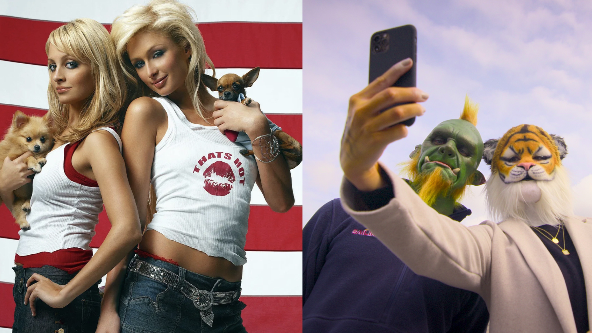 a split image of a promo shot of paris and nicole promoting the simple life and a still from sexy beasts in which people go on dates in masks