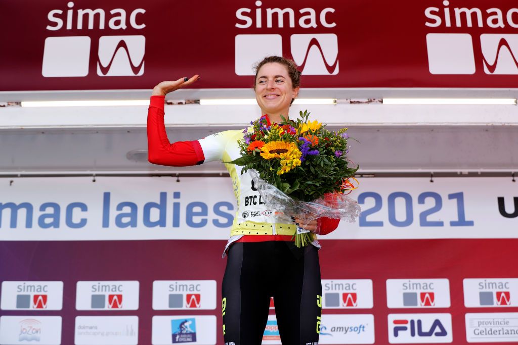 GENNEP NETHERLANDS AUGUST 26 Marlen Reusser of Switzerland and Ale Btc Ljubljana Team celebrates winning the Yellow Leader Jersey on the podium ceremony after the 23rd Simac Ladies Tour 2021 Stage 2 a 222km Individual Time Trial stage from Gennep to Gennep SLT2021 UCIWWT on August 26 2021 in Gennep Netherlands Photo by Bas CzerwinskiGetty Images
