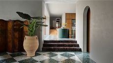 entryway with green marble checkerboard floor tiles, with plaster walls and arched doorway, large plant in terracotta pot, screen door, and marble steps leading up to a green kitchen
