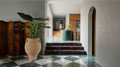 entryway with green marble checkerboard floor tiles, with plaster walls and arched doorway, large plant in terracotta pot, screen door, and marble steps leading up to a green kitchen