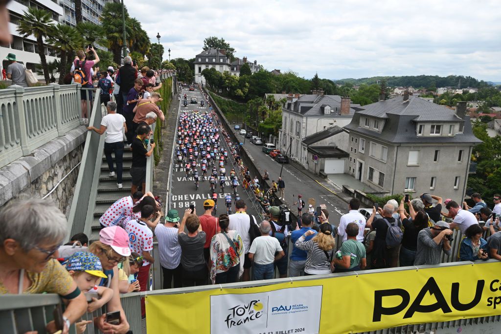 PAU FRANCE JULY 13 A general view of the peloton prior to the 111th Tour de France 2024 Stage 14 a 1519km stage from Pau to SaintLarySoulan Pla dAdet 1653m UCIWT on July 13 2024 in Pau France Photo by Dario BelingheriGetty Images