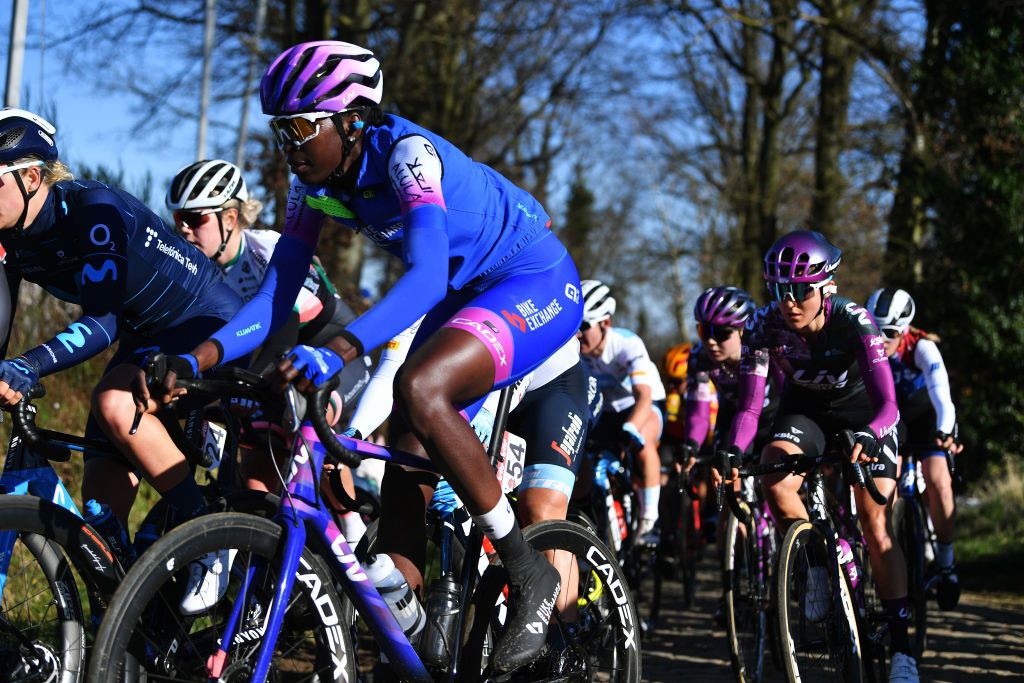 TIELTWINGE BELGIUM FEBRUARY 27 Teniel Campbell of Trinidad And Tobago and Team Bikeexchange Jayco competes during the 17th Craywinckelhof Omloop van het Hageland 2022 a 1282km race from Tienen to TieltWinge OmloopHageland on February 27 2022 in TieltWinge Belgium Photo by Luc ClaessenGetty Images
