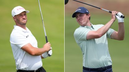 Wyndham Clark and Matt Fitzpatrick hold their finish on golf shots at the 2026 US Open