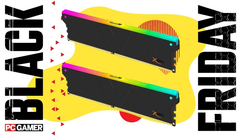 An image showing a set of V-Color Manta XSky DDR5 UDIMMs against a colorful background, with a set of Black Friday and PC Gamer logos on the sides.