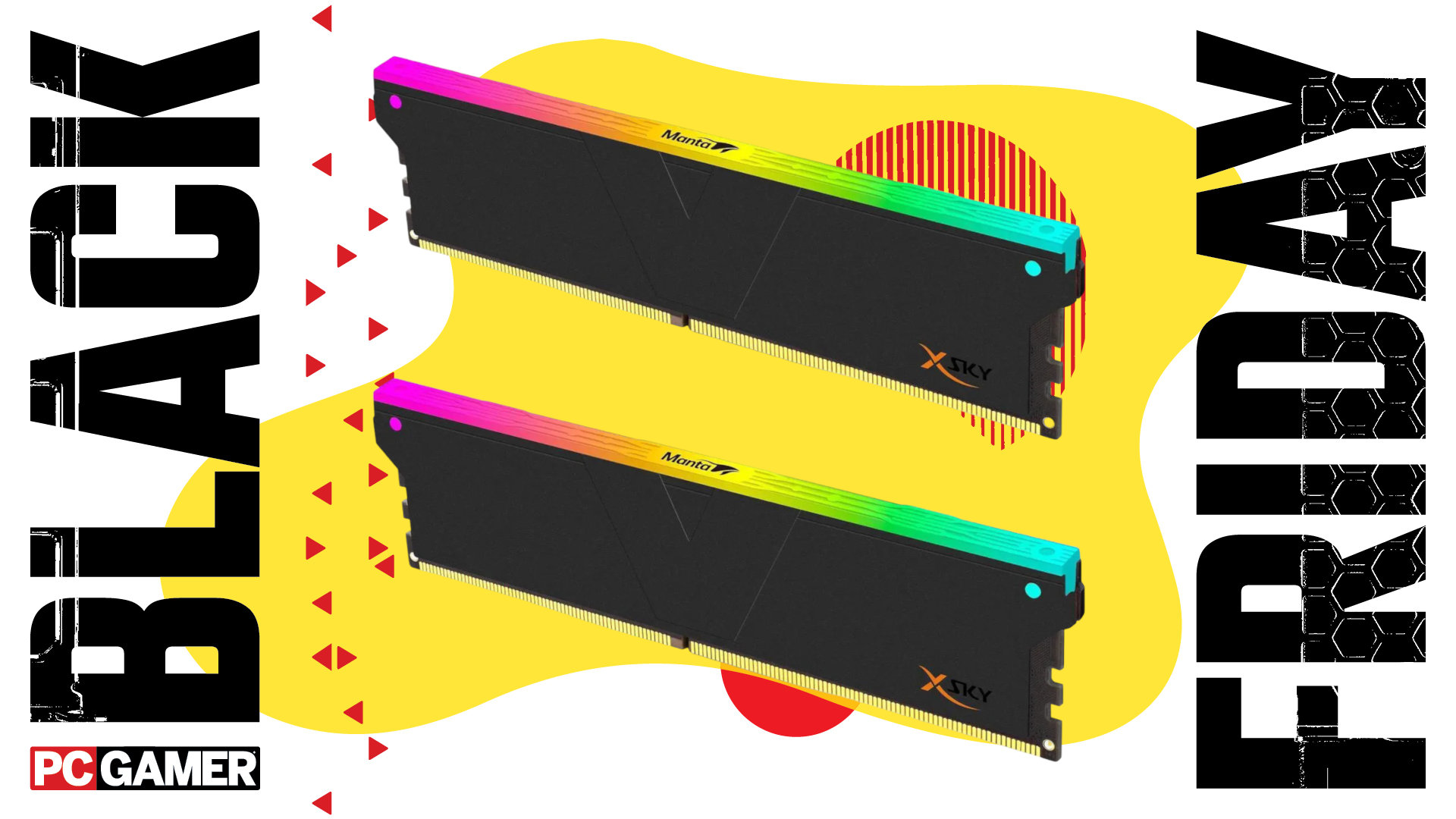 An image showing a set of V-Color Manta XSky DDR5 UDIMMs against a colorful background, with a set of Black Friday and PC Gamer logos on the sides.