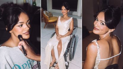 a collage of Marissa Bode getting ready for the wicked los angeles premiere wearing a gold akanvas dress while sitting in her wheelchair