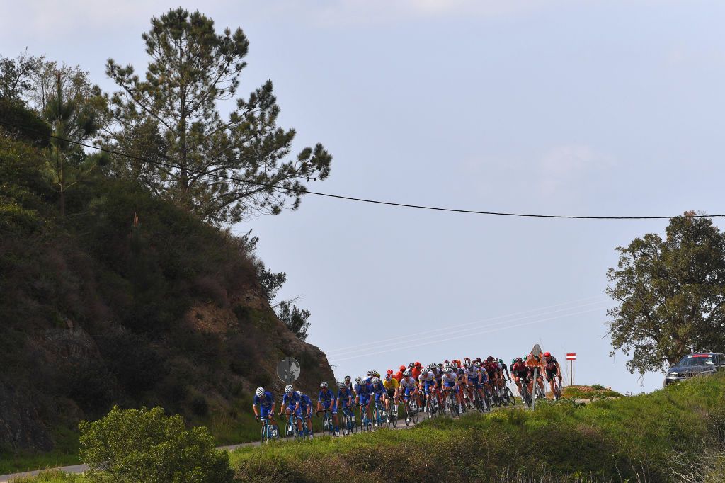 ALTO DA FIA MONCHIQUE PORTUGAL FEBRUARY 20 Fabio Jakobsen of The Netherlands and Team Deceuninck Quick Step Yellow Leader Jersey Iljo Keisse of Belgium and Team Deceuninck Quick Step Peloton Landscape during the 46th Volta ao Algarve 2020 Stage 2 a 1839 km stage from Sagres Vila do Bispo to Alto da Fia 884m Monchique VAlgarve2020 on February 20 2020 in Alto da Fia Monchique Portugal Photo by Tim de WaeleGetty Images