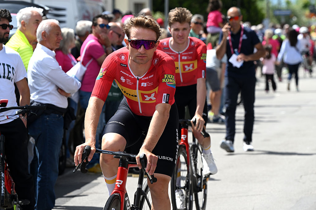 Erlend Blikra heads to the team presentation at the start of stage 11 ahead of his final day of racing at the 2026 Giro d'Italia