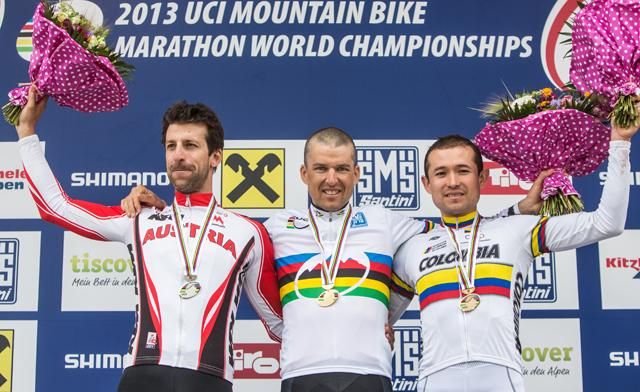Elite men's marathon Worlds podium: Alban Lakata, Christoph Sauser, Leonardo Paez