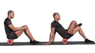 Man demonstrates two positions of foam rolling glutes