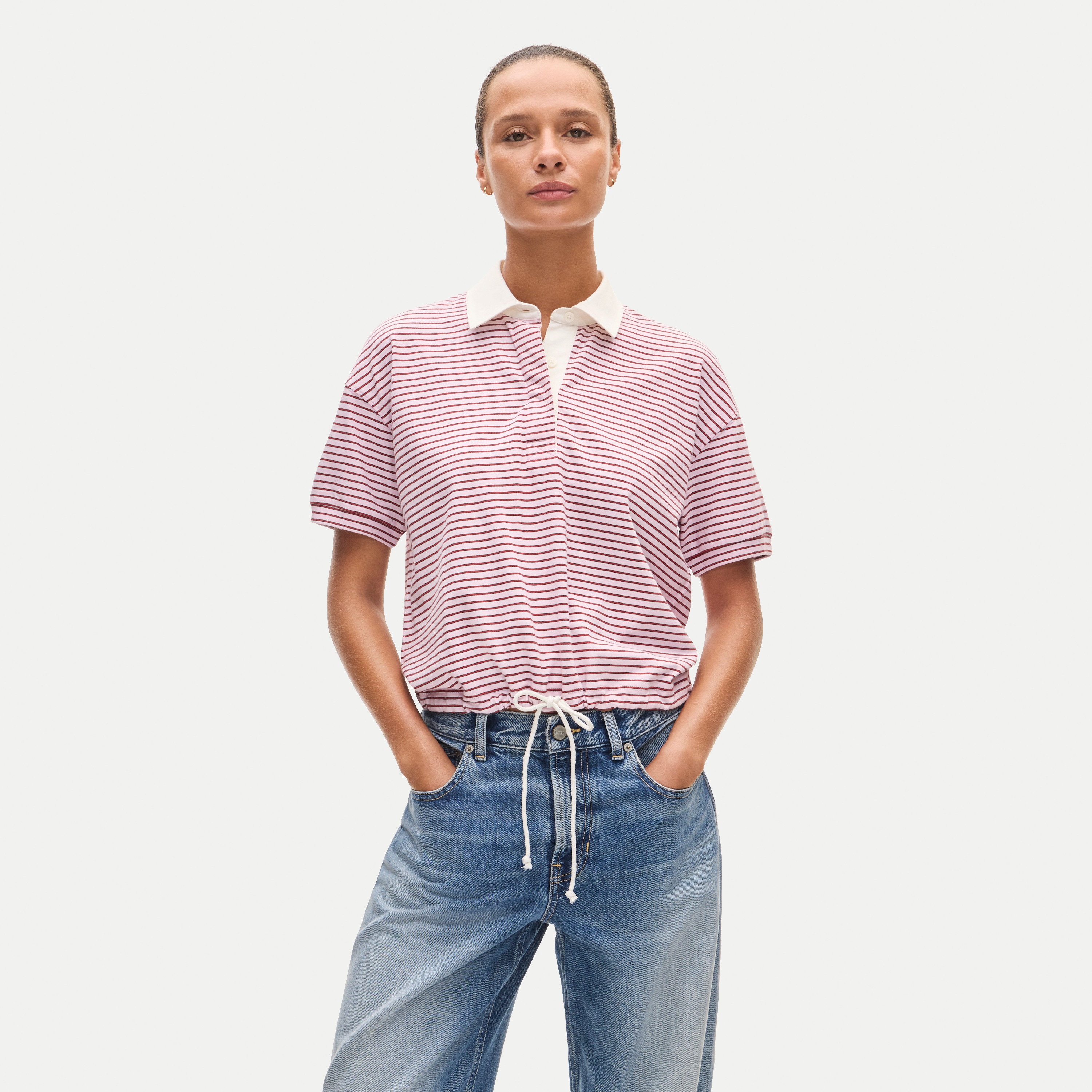 Boyfriend Jersey Drawstring-Waist Polo Shirt in Stripe